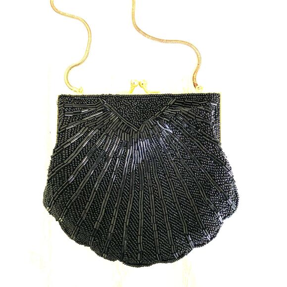 VTG Carolyne Barton Black Beaded Clam Clutch Shoulder Evening Purse Crossbody - Picture 3 of 7